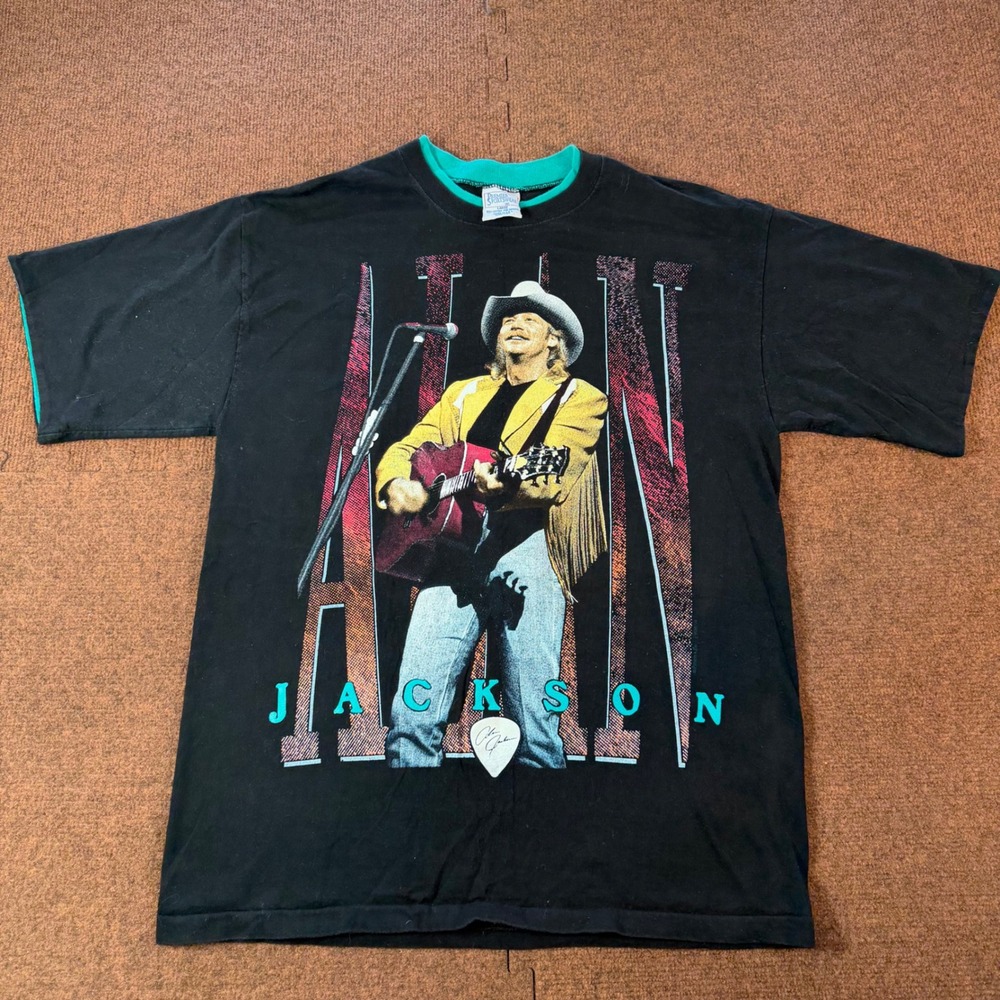 Vintage 1994 Alan Jackson On Tour T Shirt Large Black Teal Ringer Made in USA